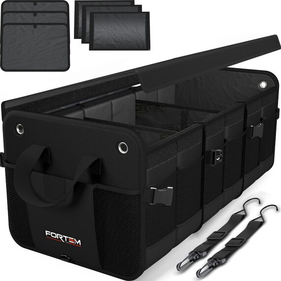 FORTEM Kofferraum Organizer, Kofferraumtasche, Zusammenklappbarer Auto Organizer Kofferraum mit Fächern, Rutschfester Boden, Verstellbare Sicherungsriemen, Klappbarer Deckel (Schwarz, Extragroß)