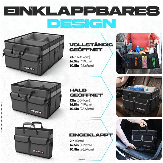 FORTEM Kofferraum Organizer, Kofferraumtasche, Zusammenklappbarer Auto Organizer Kofferraum mit Fächern, Rutschfester Boden, Verstellbare Sicherungsriemen, Klappbarer Deckel (Grau)