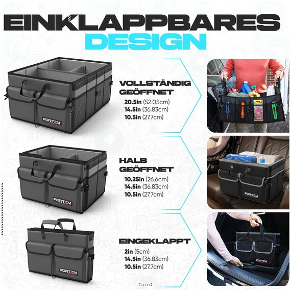 FORTEM Kofferraum Organizer, Kofferraumtasche, Zusammenklappbarer Auto Organizer Kofferraum mit Fächern, Rutschfester Boden, Verstellbare Sicherungsriemen, Klappbarer Deckel (Grau)