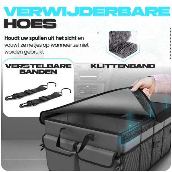 FORTEM Kofferraum Organizer, Kofferraumtasche, Zusammenklappbarer Auto Organizer Kofferraum mit Fächern, Rutschfester Boden, Verstellbare Sicherungsriemen, Klappbarer Deckel (Grau)