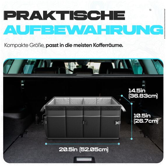 FORTEM Kofferraum Organizer, Kofferraumtasche, Zusammenklappbarer Auto Organizer Kofferraum mit Fächern, Rutschfester Boden, Verstellbare Sicherungsriemen, Klappbarer Deckel (Schwarz)
