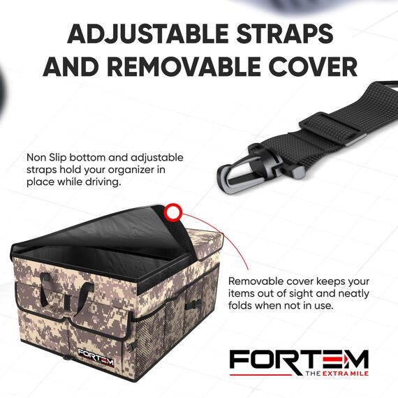 FORTEM Kofferraum Organizer, Kofferraumtasche, Zusammenklappbarer Auto Organizer Kofferraum mit Fächern, Rutschfester Boden, Verstellbare Sicherungsriemen, Klappbarer Deckel (Wüste)