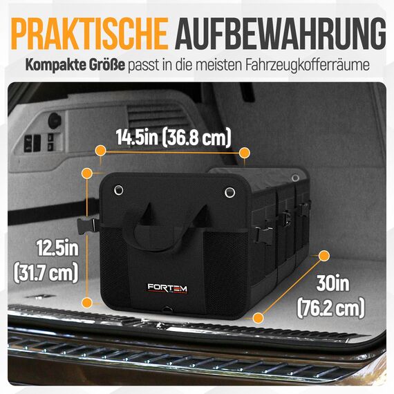 FORTEM Kofferraum Organizer, Kofferraumtasche, Zusammenklappbarer Auto Organizer Kofferraum mit Fächern, Rutschfester Boden, Verstellbare Sicherungsriemen, Klappbarer Deckel (Schwarz, Extragroß)