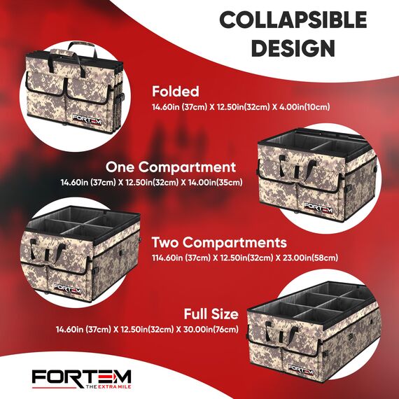 FORTEM Kofferraum Organizer, Kofferraumtasche, Zusammenklappbarer Auto Organizer Kofferraum mit Fächern, Rutschfester Boden, Verstellbare Sicherungsriemen, Klappbarer Deckel (Wüste)