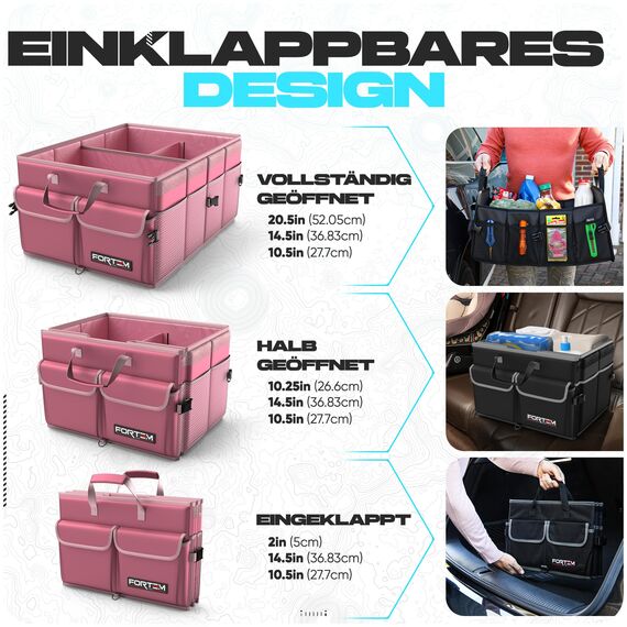 FORTEM Kofferraum Organizer, Kofferraumtasche, Zusammenklappbarer Auto Organizer Kofferraum mit Fächern, Rutschfester Boden, Verstellbare Sicherungsriemen, Klappbarer Deckel (Rosa)