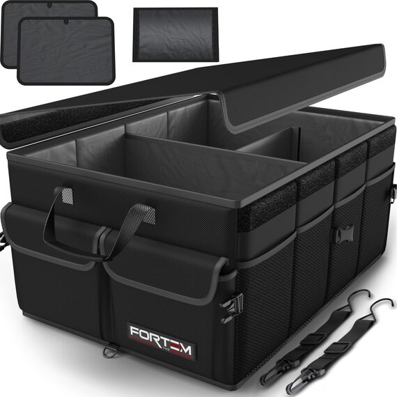 FORTEM Kofferraum Organizer, Kofferraumtasche, Zusammenklappbarer Auto Organizer Kofferraum mit Fächern, Rutschfester Boden, Verstellbare Sicherungsriemen, Klappbarer Deckel (Schwarz)