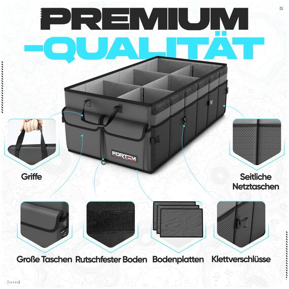 FORTEM Kofferraum Organizer, Kofferraumtasche, Zusammenklappbarer Auto Organizer Kofferraum mit Fächern, Rutschfester Boden, Verstellbare Sicherungsriemen, Klappbarer Deckel (Grau)