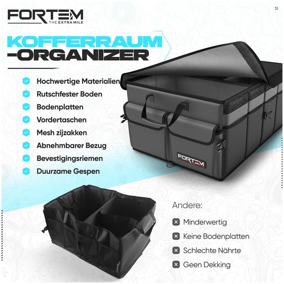 FORTEM Kofferraum Organizer, Kofferraumtasche, Zusammenklappbarer Auto Organizer Kofferraum mit Fächern, Rutschfester Boden, Verstellbare Sicherungsriemen, Klappbarer Deckel (Grau)