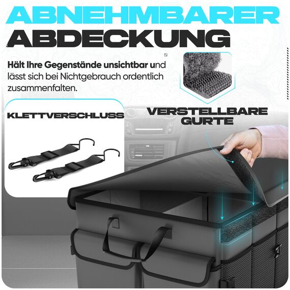 FORTEM Kofferraum Organizer, Kofferraumtasche, Zusammenklappbarer Auto Organizer Kofferraum mit Fächern, Rutschfester Boden, Verstellbare Sicherungsriemen, Klappbarer Deckel (Grau)