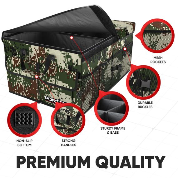 FORTEM Kofferraum Organizer, Kofferraumtasche, Zusammenklappbarer Auto Organizer Kofferraum mit Fächern, Rutschfester Boden, Verstellbare Sicherungsriemen, Klappbarer Deckel (Wald)