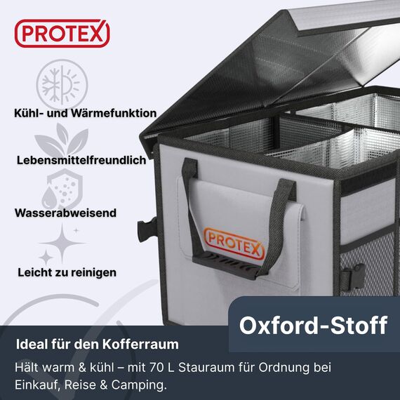 PROTEX Kofferraum Organizer [Testsieger 2025] 70 L Kühltasche - Faltbare Kofferraumtasche mit Deckel - XXL Kofferraumbox mit Wärme- & Kältedämmung - Praktisch & Wasserdicht (grau)