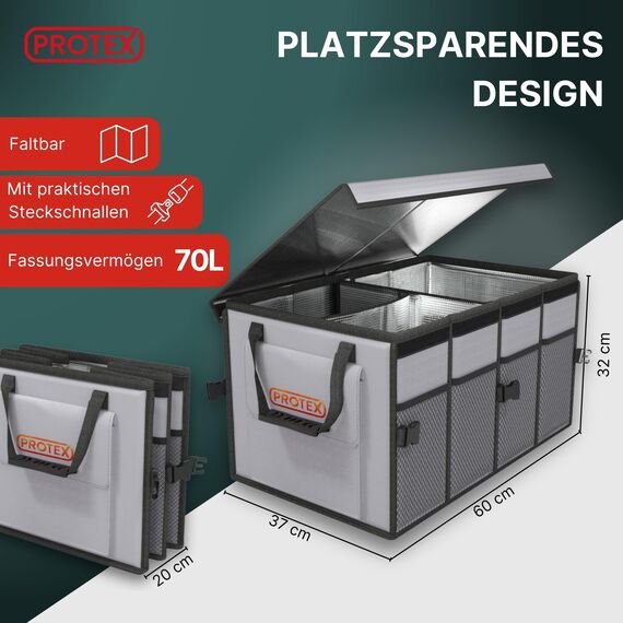 PROTEX Kofferraum Organizer [Testsieger 2025] 70 L Kühltasche - Faltbare Kofferraumtasche mit Deckel - XXL Kofferraumbox mit Wärme- & Kältedämmung - Praktisch & Wasserdicht (grau)