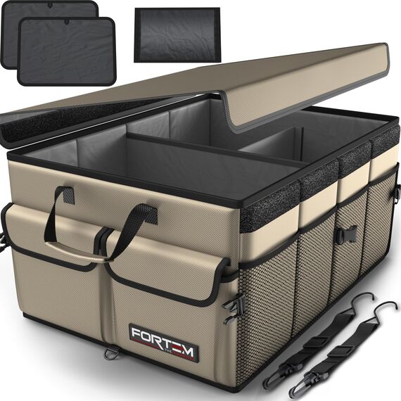 FORTEM Kofferraum Organizer, Kofferraumtasche, Zusammenklappbarer Auto Organizer Kofferraum mit Fächern, Rutschfester Boden, Verstellbare Sicherungsriemen, Klappbarer Deckel (Beige)