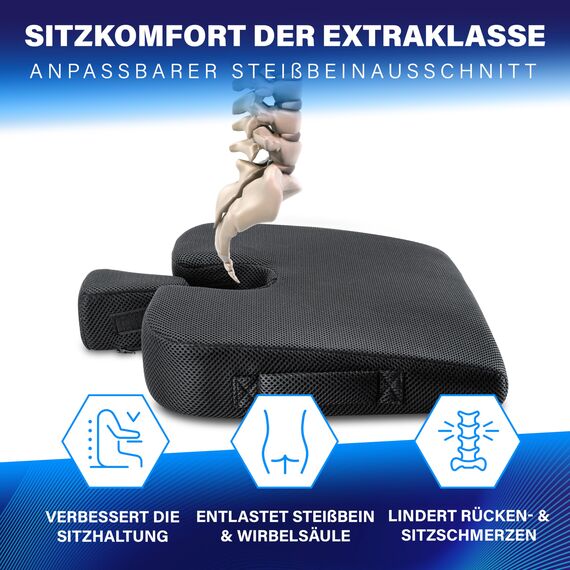 Healthfix® Auto-Keilkissen – ergonomisches orthopädisches Sitzkissen fürs Auto, rutschfest & waschbar – Memory-Foam, Härtegrad - Fest (85–135 kg)