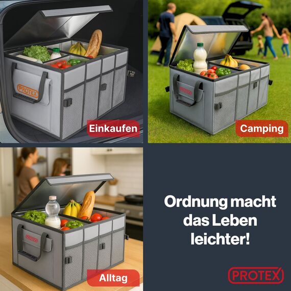 PROTEX Kofferraum Organizer [Testsieger 2025] 70 L Kühltasche - Faltbare Kofferraumtasche mit Deckel - XXL Kofferraumbox mit Wärme- & Kältedämmung - Praktisch & Wasserdicht (grau)