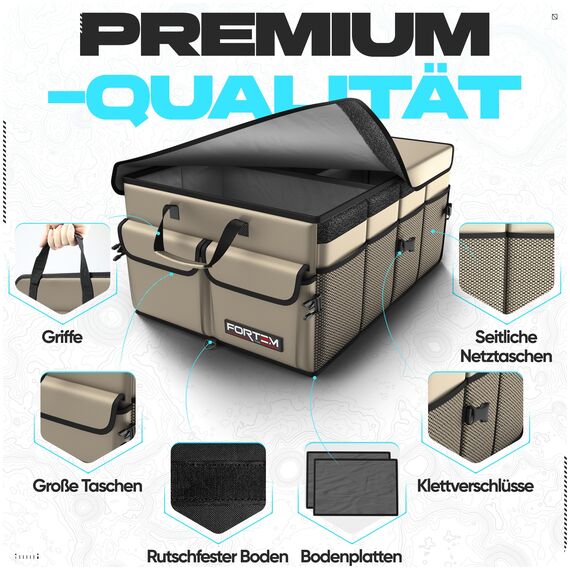 FORTEM Kofferraum Organizer, Kofferraumtasche, Zusammenklappbarer Auto Organizer Kofferraum mit Fächern, Rutschfester Boden, Verstellbare Sicherungsriemen, Klappbarer Deckel (Beige)