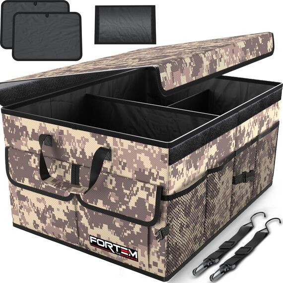FORTEM Kofferraum Organizer, Kofferraumtasche, Zusammenklappbarer Auto Organizer Kofferraum mit Fächern, Rutschfester Boden, Verstellbare Sicherungsriemen, Klappbarer Deckel (Wüste)