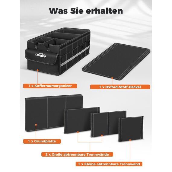Oasser Kofferraum Organizer faltbar 75L mit weichen Deckel 4 Fächer Auto Organizer 30kg Tragkraft vielseitig einsetzbar extra groß Schwarz
