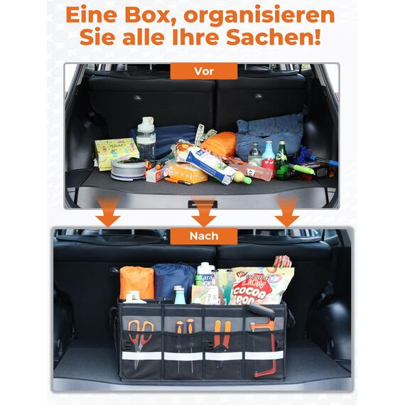 Oasser Kofferraumtasche Kofferraum Organizer mit Deckel Autobox Auto Box Tasche Wasserdicht Rutschfest Faltbar mit Griffe Reflexstreifen Grau