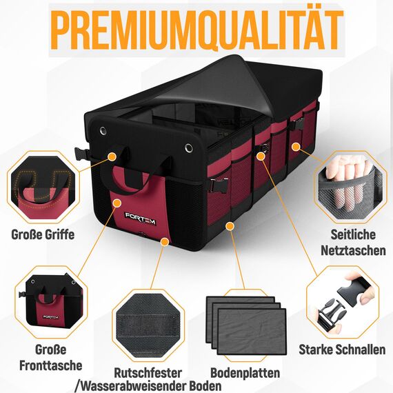 FORTEM Kofferraum Organizer, Kofferraumtasche, Zusammenklappbarer Auto Organizer Kofferraum mit Fächern, Rutschfester Boden, Verstellbare Sicherungsriemen, Klappbarer Deckel (Extragroß mit Kühler)
