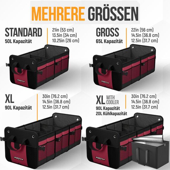 FORTEM Kofferraum Organizer, Kofferraumtasche, Zusammenklappbarer Auto Organizer Kofferraum mit Fächern, Rutschfester Boden, Verstellbare Sicherungsriemen, Klappbarer Deckel (Extragroß mit Kühler)