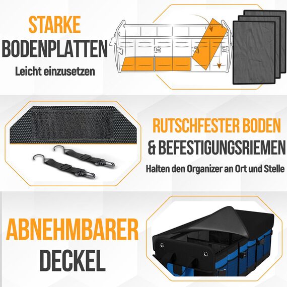 FORTEM Kofferraum Organizer, Kofferraumtasche, Zusammenklappbarer Auto Organizer Kofferraum mit Fächern, Rutschfester Boden, Verstellbare Sicherungsriemen, Klappbarer Deckel (Blau, Extragroß)