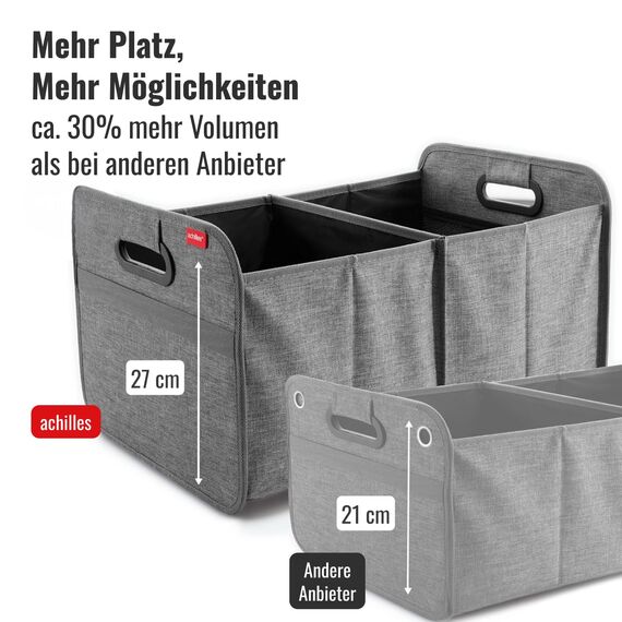 achilles Auto Kofferraum Organizer XL – Kofferraumtasche XL mit viel Stauraum – Geräumige & Pflegeleichte Faltbox – Auto Zubehör Innenraum Organizer – Stabiler Boden & Tragegriff – Grau