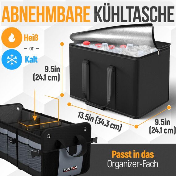 FORTEM Kofferraum Organizer, Kofferraumtasche, Zusammenklappbarer Auto Organizer Kofferraum mit Fächern, Rutschfester Boden, Verstellbare Sicherungsriemen, Klappbarer Deckel (Extragroß mit Kühler)