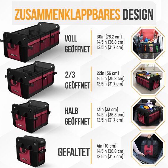 FORTEM Kofferraum Organizer, Kofferraumtasche, Zusammenklappbarer Auto Organizer Kofferraum mit Fächern, Rutschfester Boden, Verstellbare Sicherungsriemen, Klappbarer Deckel (Extragroß mit Kühler)