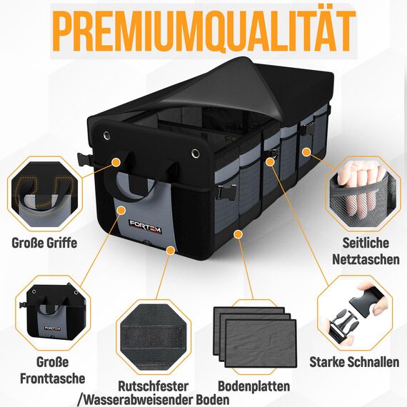 FORTEM Kofferraum Organizer, Kofferraumtasche, Zusammenklappbarer Auto Organizer Kofferraum mit Fächern, Rutschfester Boden, Verstellbare Sicherungsriemen, Klappbarer Deckel (Grau, Extragroß)