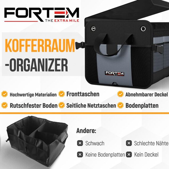FORTEM Kofferraum Organizer, Kofferraumtasche, Zusammenklappbarer Auto Organizer Kofferraum mit Fächern, Rutschfester Boden, Verstellbare Sicherungsriemen, Klappbarer Deckel (Grau, Extragroß)