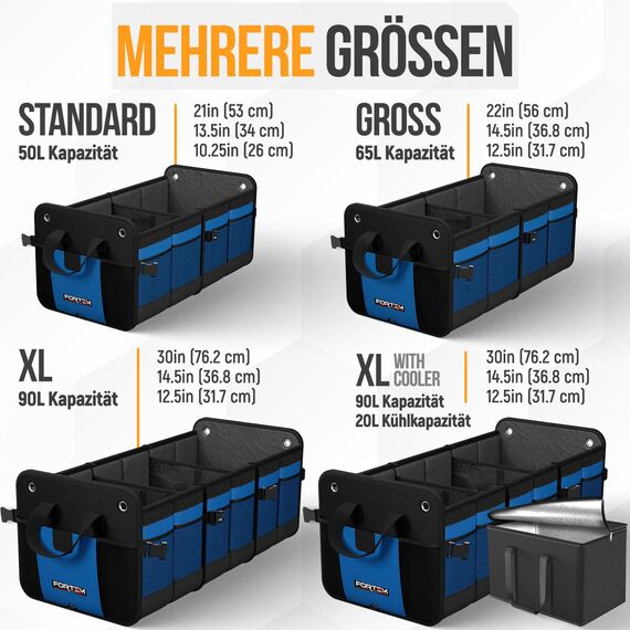 FORTEM Kofferraum Organizer, Kofferraumtasche, Zusammenklappbarer Auto Organizer Kofferraum mit Fächern, Rutschfester Boden, Verstellbare Sicherungsriemen, Klappbarer Deckel (Blau, Extragroß)