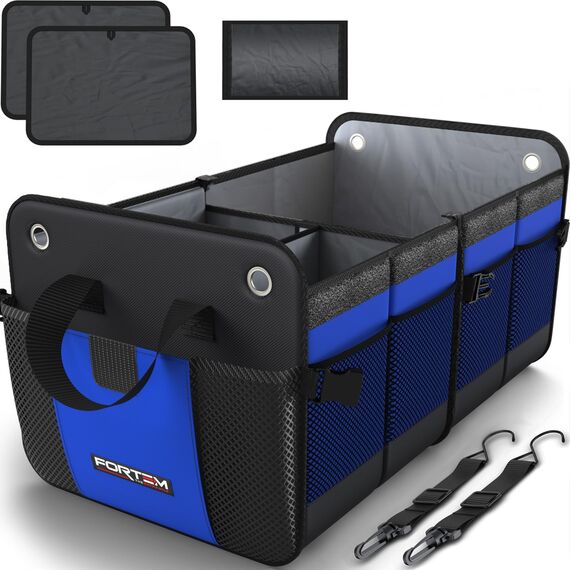 FORTEM Kofferraum Organizer, Kofferraumtasche, Zusammenklappbarer Auto Organizer Kofferraum mit Fächern, Rutschfester Boden, Verstellbare Sicherungsriemen, Klappbarer Deckel (Standard, Blau)