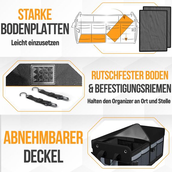 FORTEM Kofferraum Organizer, Kofferraumtasche, Zusammenklappbarer Auto Organizer Kofferraum mit Fächern, Rutschfester Boden, Verstellbare Sicherungsriemen, Klappbarer Deckel (Grau, Groß)