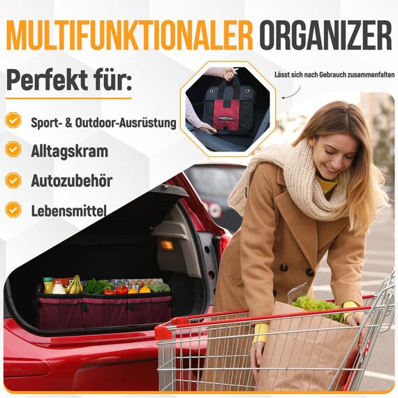 FORTEM Kofferraum Organizer, Kofferraumtasche, Zusammenklappbarer Auto Organizer Kofferraum mit Fächern, Rutschfester Boden, Verstellbare Sicherungsriemen, Klappbarer Deckel (Rot, Extragroß)
