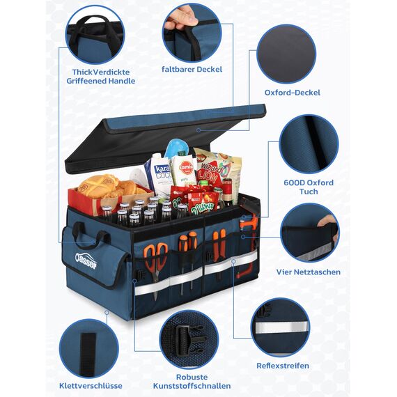 Oasser Kofferraumtasche Kofferraum Organizer mit Deckel Autobox Auto Box Tasche Wasserdicht Rutschfest Faltbar mit Griffe Reflexstreifen Blau