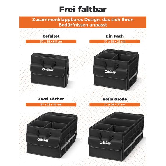 Oasser Kofferraum Organizer faltbar 75L mit weichen Deckel 4 Fächer Auto Organizer 30kg Tragkraft vielseitig einsetzbar extra groß Schwarz