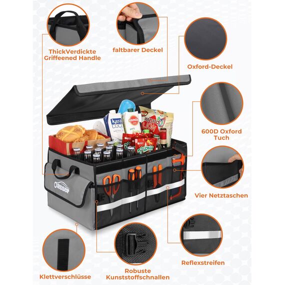 Oasser Kofferraumtasche Kofferraum Organizer mit Deckel Autobox Auto Box Tasche Wasserdicht Rutschfest Faltbar mit Griffe Reflexstreifen Grau