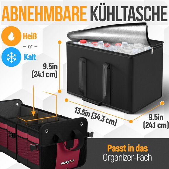 FORTEM Kofferraum Organizer, Kofferraumtasche, Zusammenklappbarer Auto Organizer Kofferraum mit Fächern, Rutschfester Boden, Verstellbare Sicherungsriemen, Klappbarer Deckel (Extragroß mit Kühler)