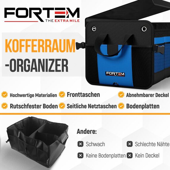 FORTEM Kofferraum Organizer, Kofferraumtasche, Zusammenklappbarer Auto Organizer Kofferraum mit Fächern, Rutschfester Boden, Verstellbare Sicherungsriemen, Klappbarer Deckel (Blau, Extragroß)
