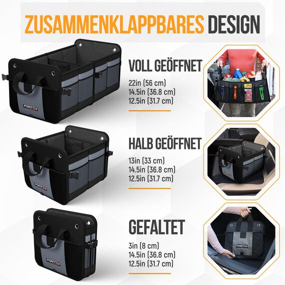 FORTEM Kofferraum Organizer, Kofferraumtasche, Zusammenklappbarer Auto Organizer Kofferraum mit Fächern, Rutschfester Boden, Verstellbare Sicherungsriemen, Klappbarer Deckel (Grau, Groß)