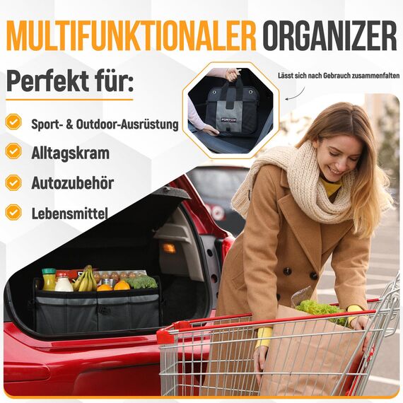 FORTEM Kofferraum Organizer, Kofferraumtasche, Zusammenklappbarer Auto Organizer Kofferraum mit Fächern, Rutschfester Boden, Verstellbare Sicherungsriemen, Klappbarer Deckel (Grau, Groß)