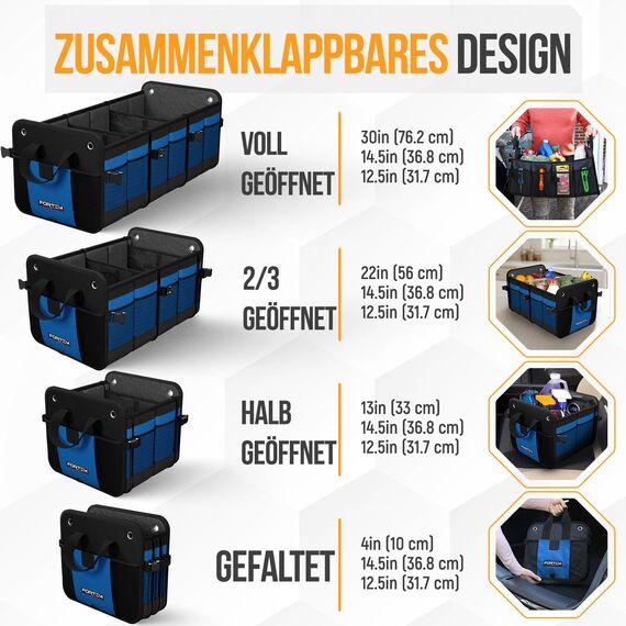 FORTEM Kofferraum Organizer, Kofferraumtasche, Zusammenklappbarer Auto Organizer Kofferraum mit Fächern, Rutschfester Boden, Verstellbare Sicherungsriemen, Klappbarer Deckel (Blau, Extragroß)