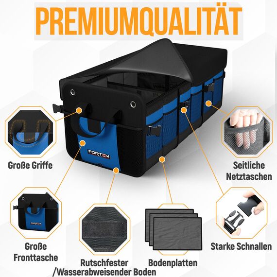 FORTEM Kofferraum Organizer, Kofferraumtasche, Zusammenklappbarer Auto Organizer Kofferraum mit Fächern, Rutschfester Boden, Verstellbare Sicherungsriemen, Klappbarer Deckel (Blau, Extragroß)