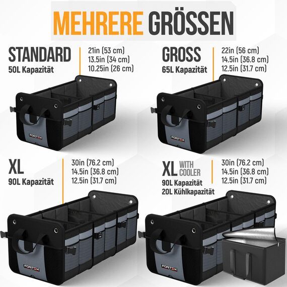 FORTEM Kofferraum Organizer, Kofferraumtasche, Zusammenklappbarer Auto Organizer Kofferraum mit Fächern, Rutschfester Boden, Verstellbare Sicherungsriemen, Klappbarer Deckel (Grau, Extragroß)
