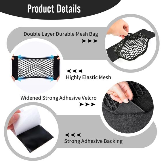 Gepäcknetz Auto, 2 Stück Nylon Kofferraum Netztasche Auto, 60 x 25 cm Universal Kofferraumnetz Schutznetz Elastisch, Mit Selbstklebender Rückseite, für Wildleder und glänzende Oberflächen Geeignet