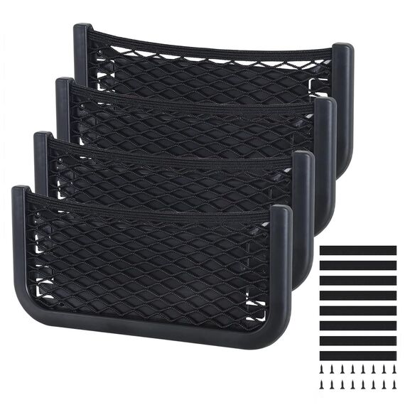 Omtofo 3 in 1 Auto Aufbewahrungsnetz, 4 Stück 26 x 12cm Selbstklebendes Netztasche Auto, Elastisch Ablagenetz mit Gummiband und Schraube, Kofferraum Netztasche Gepäcknetz für Wohnmobil, Boote, Zuhause