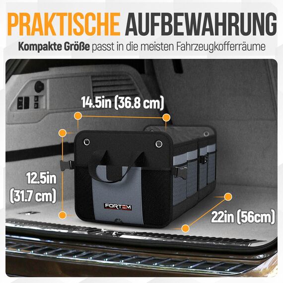 FORTEM Kofferraum Organizer, Kofferraumtasche, Zusammenklappbarer Auto Organizer Kofferraum mit Fächern, Rutschfester Boden, Verstellbare Sicherungsriemen, Klappbarer Deckel (Grau, Groß)