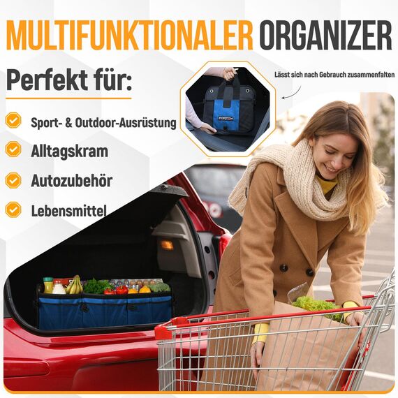 FORTEM Kofferraum Organizer, Kofferraumtasche, Zusammenklappbarer Auto Organizer Kofferraum mit Fächern, Rutschfester Boden, Verstellbare Sicherungsriemen, Klappbarer Deckel (Blau, Extragroß)