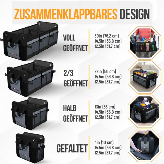 FORTEM Kofferraum Organizer, Kofferraumtasche, Zusammenklappbarer Auto Organizer Kofferraum mit Fächern, Rutschfester Boden, Verstellbare Sicherungsriemen, Klappbarer Deckel (Grau, Extragroß)